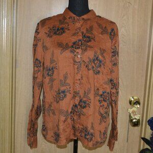 Garnet Hill Gabby Linen Floral Print Rust Burnt Orange Blouse Button Down Top